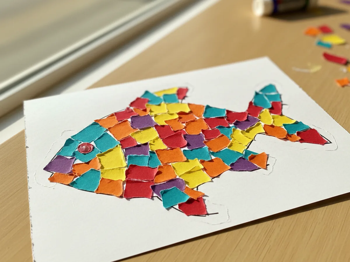 A colorful handmade paper mosaic art piece showing a fish shape filled in with torn scraps of colored construction paper