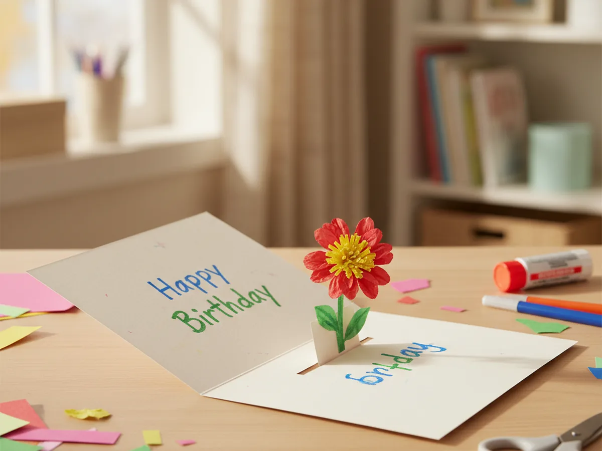 A handmade paper pop-up card opened to reveal a colorful paper flower that springs up from the inside