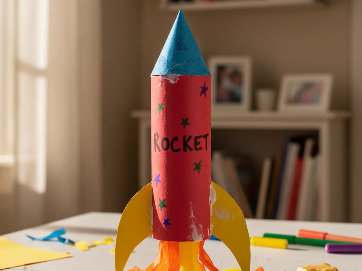 A handmade paper rocket ship with a cone nose, cylindrical body, triangular fins, and marker-drawn flames at the base