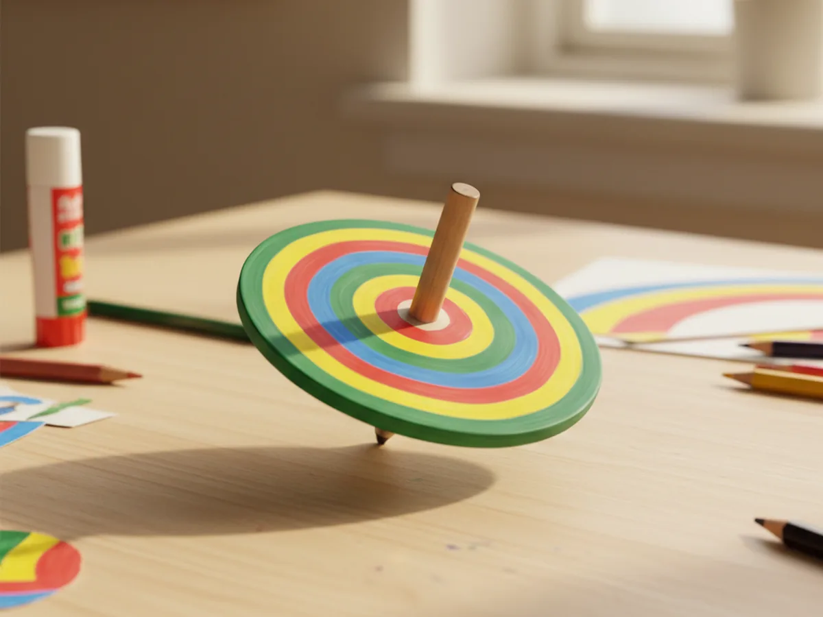 A handmade paper spinner top made from a colorful cardstock circle with a pencil through the center spinning on a table
