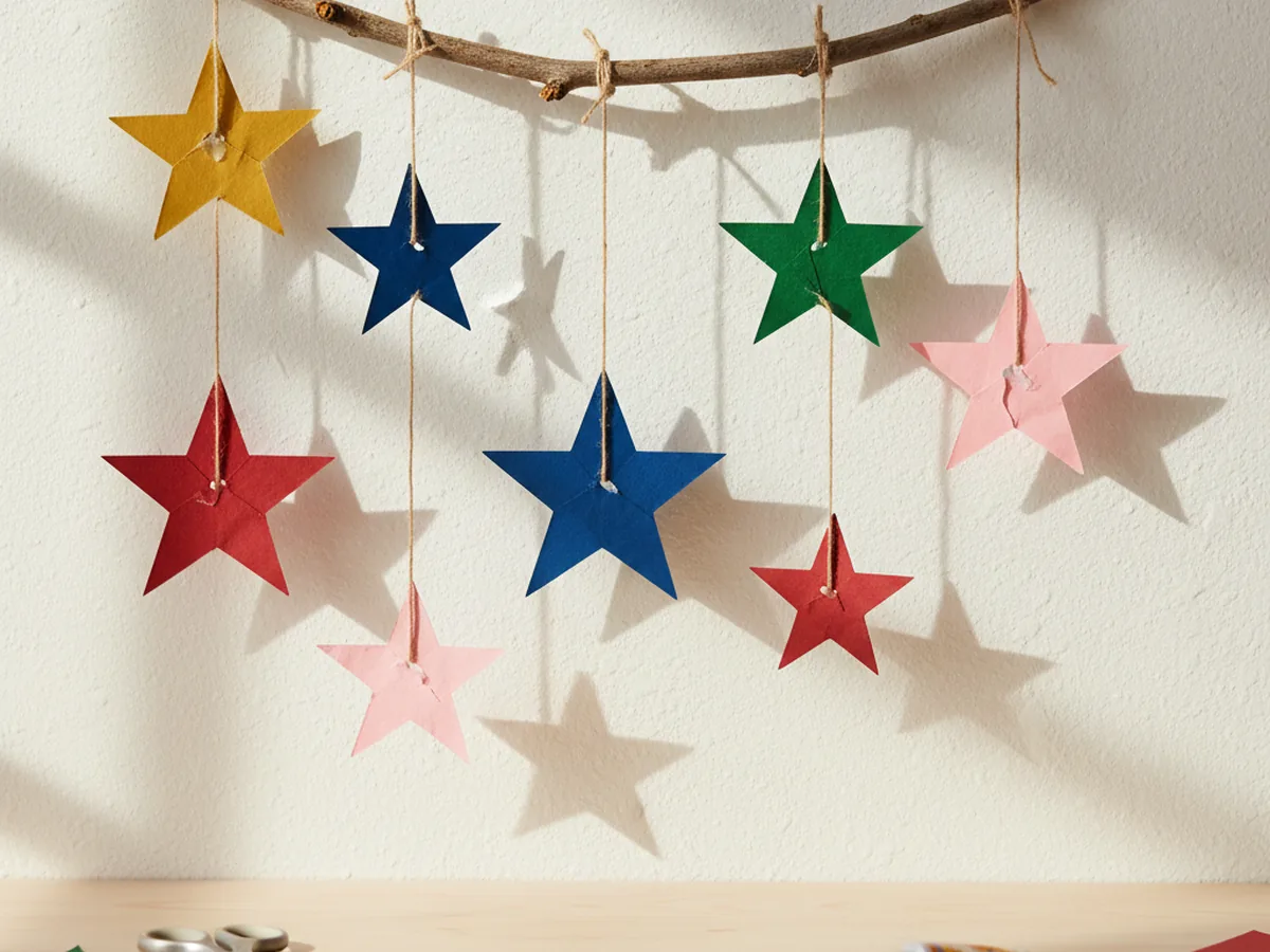 A handmade paper star mobile with colorful five-pointed stars of different sizes hanging from a wooden twig