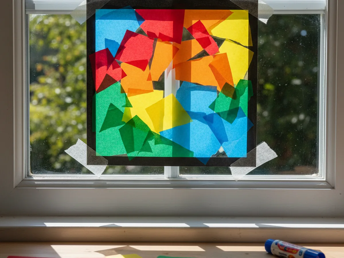 A handmade paper suncatcher with a black cardstock frame filled with colorful tissue paper pieces held up to the light