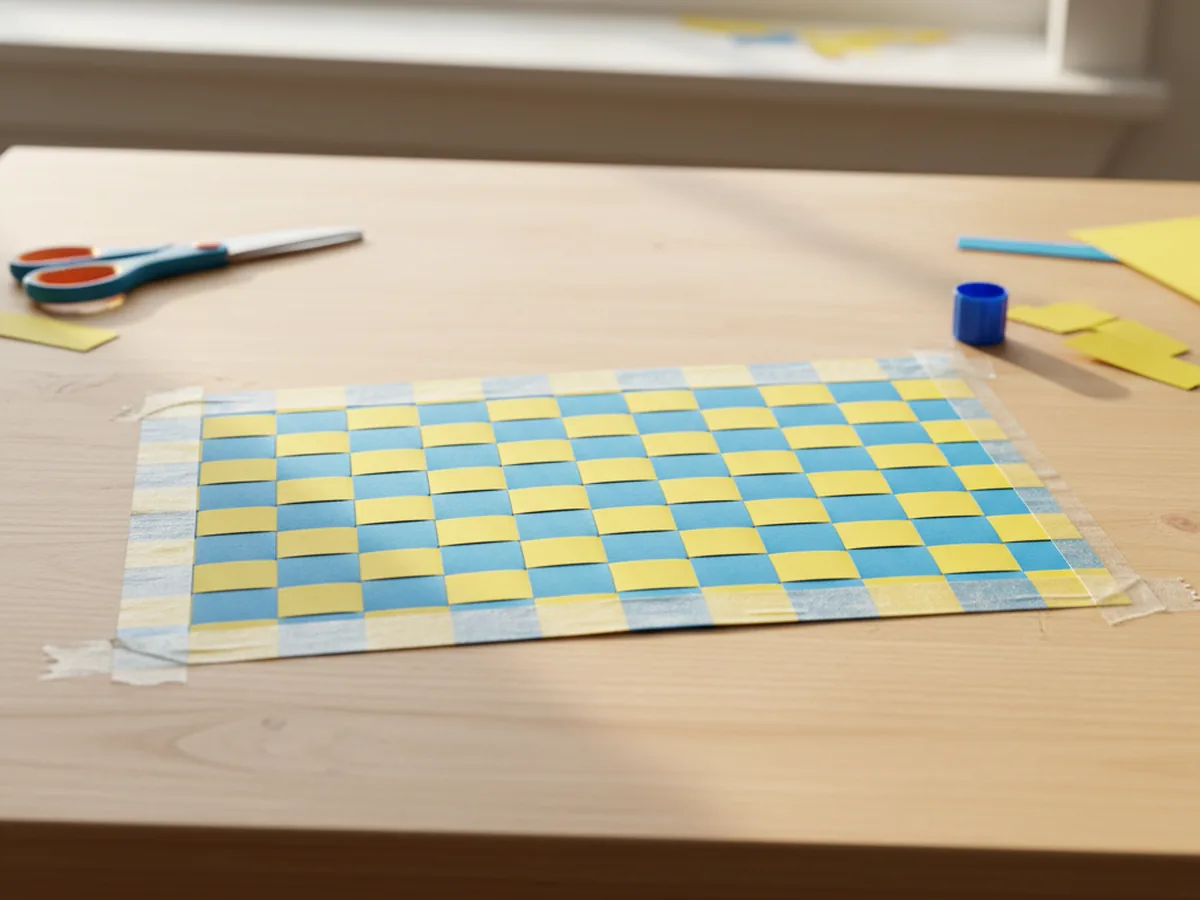 A handmade paper weaving placemat with alternating strips of blue and yellow construction paper in an over-under pattern