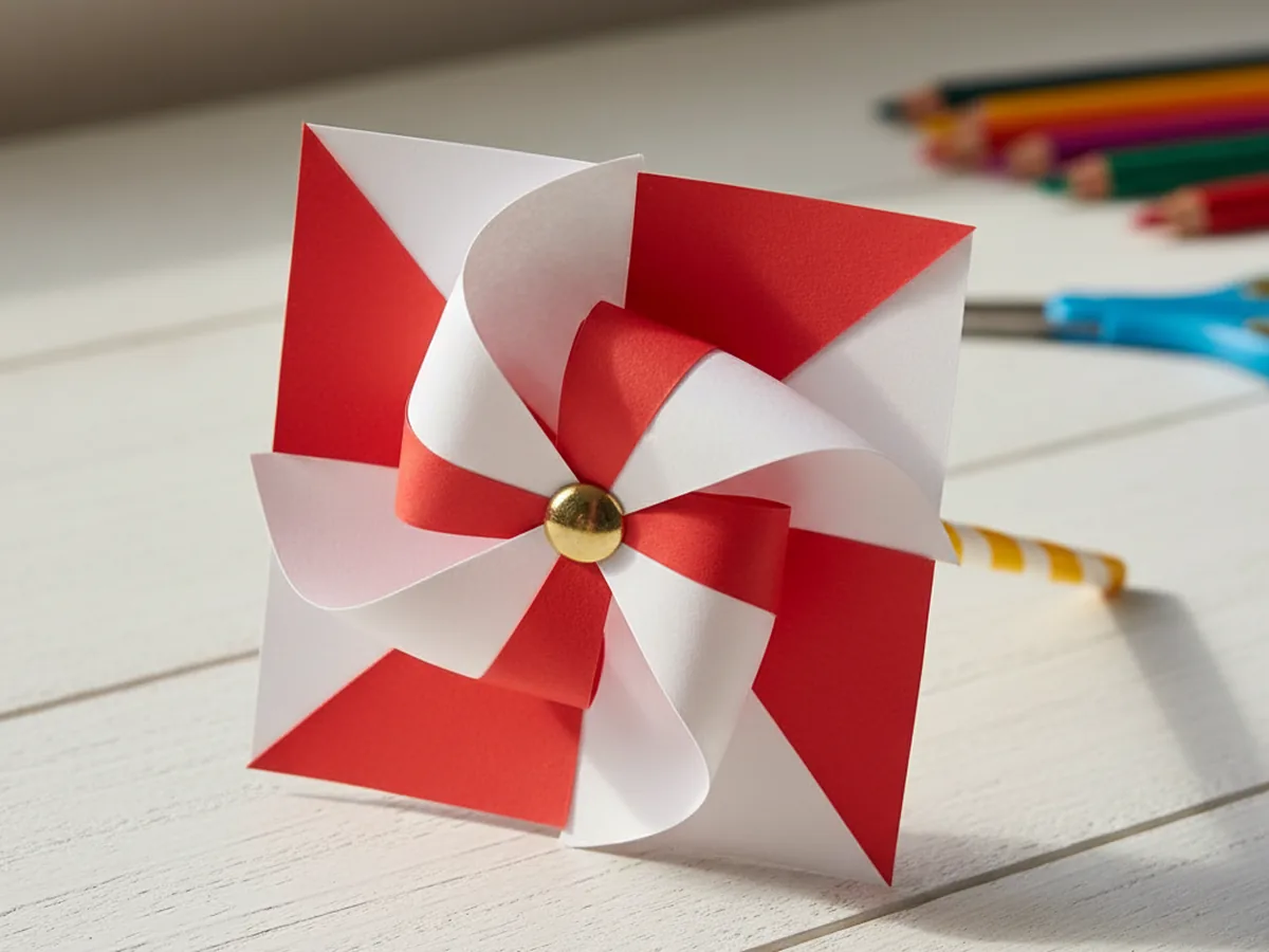 A handmade paper windmill in bright multicolor pattern mounted on a straw stem sitting on a sunny craft table