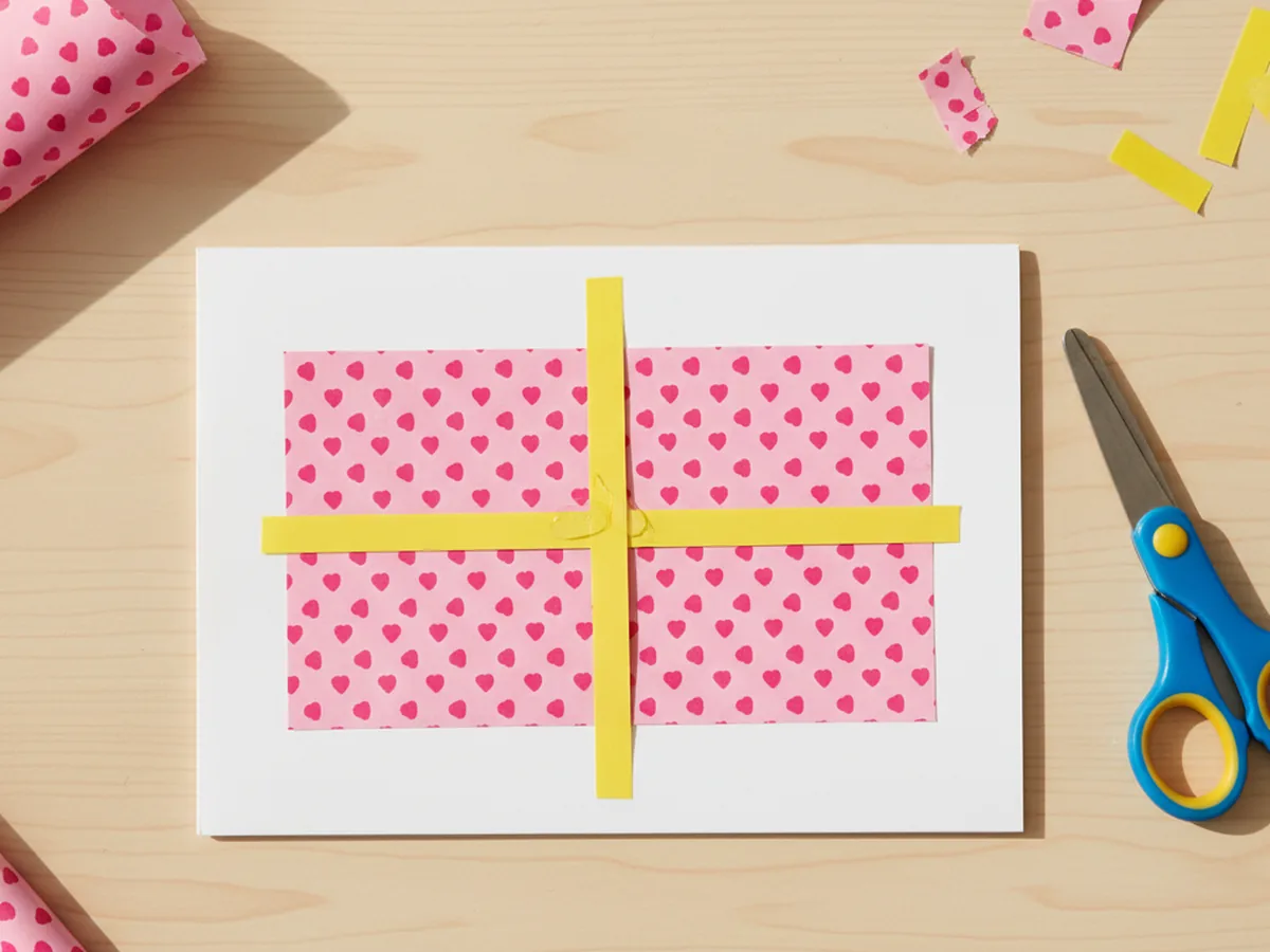 The folded card on a light wood craft table with the pink patterned wrapping rectangle glued in the center of the front and two thin yellow paper ribbon strips glued in a clean cross shape across the wrapping, with paper scraps and kid scissors lying nearby