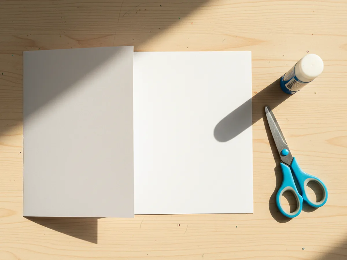 A piece of white cardstock freshly folded in half on a light wood craft table to form a clean rectangular card base with the fold along the left side, ready to become a present card, with a glue stick and kid scissors lying nearby