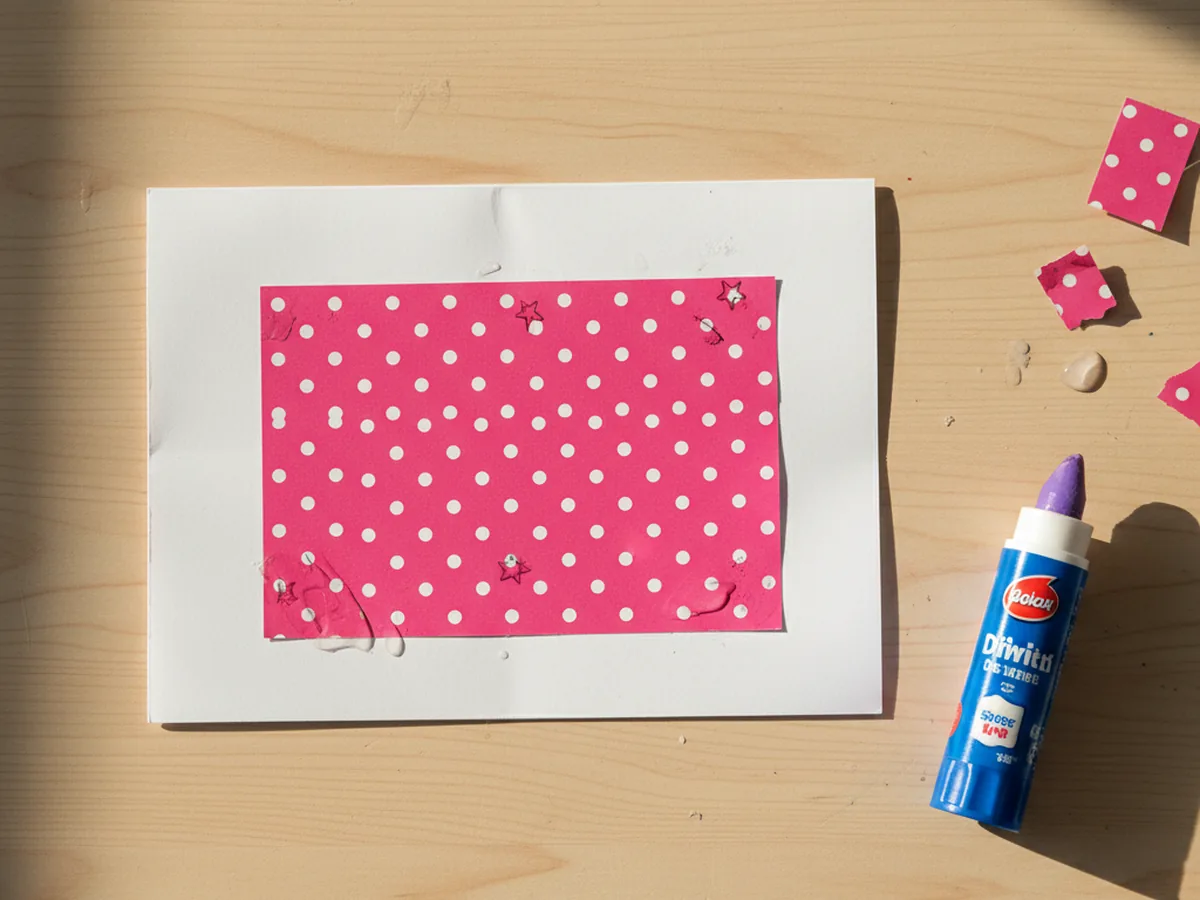 The folded white cardstock card on a light wood craft table with a smaller bright pink patterned paper rectangle freshly glued to the center of the front, leaving a clean white border all around the wrapping, with a glue stick lying open beside the card