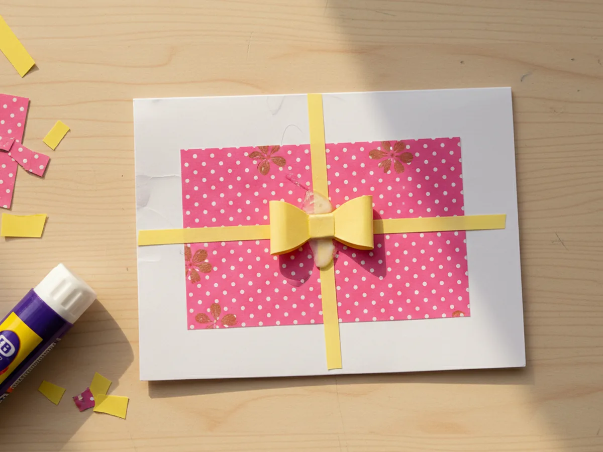 The present card on a light wood craft table with the pink patterned wrapping rectangle and yellow paper ribbon cross already glued, and a small soft yellow paper bow with two looped sides and a center band freshly glued at the center where the ribbon strips meet, with a glue stick lying nearby