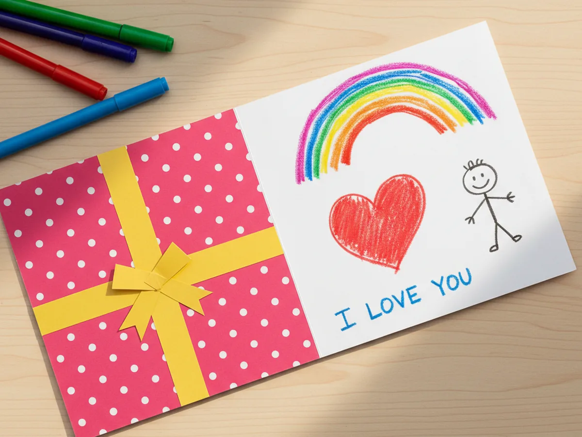 The finished gift paper craft card lying open on a light wood craft table showing a young child's hand-drawn marker message inside with a colorful rainbow, a red heart, the words I love you written in crayon, and a small stick figure drawing, with the wrapped present design just visible on the front cover beside it