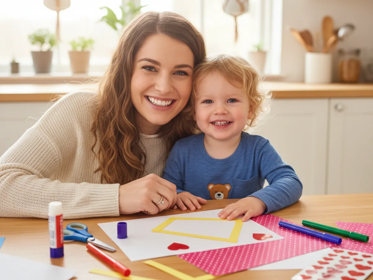 A mom and a young child sitting at a light wood craft table with white cardstock, bright pink patterned paper, thin yellow paper strips, kid scissors, a glue stick, markers, and a small sheet of heart stickers spread out in front of them, smiling as they start a gift paper craft together