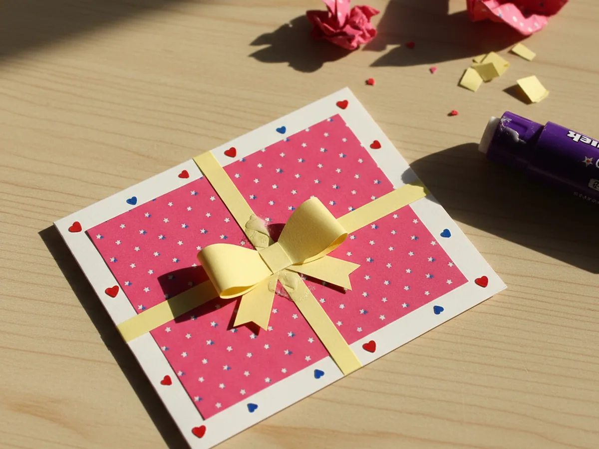 A finished gift paper craft card on a light wood craft table, shaped like a small wrapped present with a bright pink patterned wrapping paper rectangle glued to a white folded cardstock base, two thin yellow paper ribbon strips crossing the front, a soft yellow paper bow glued in the center, and a few small red heart stickers around the edges, with paper scraps and a glue stick nearby