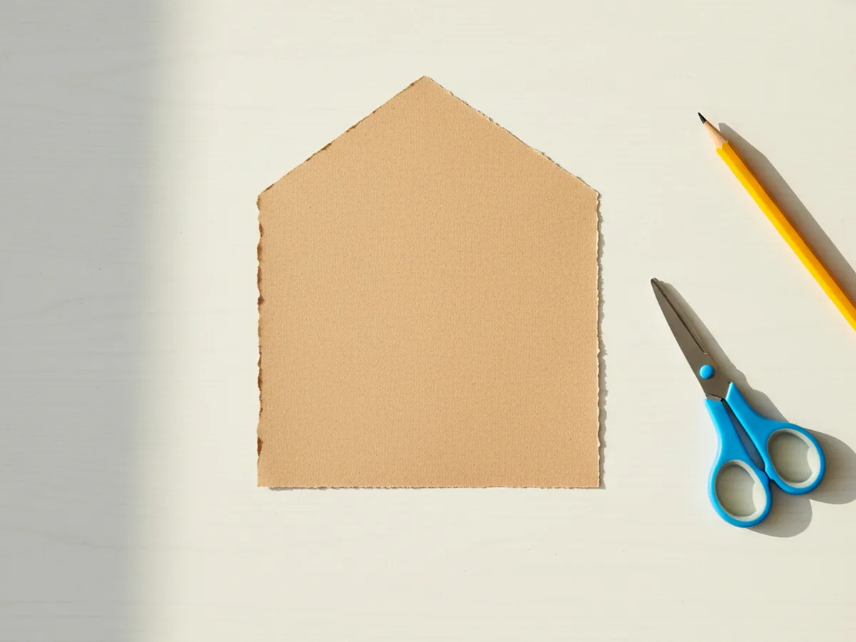 A square brown construction paper gingerbread house base shape freshly cut and resting on a white craft table next to a pencil and kid scissors, ready for the next step of the gingerbread house paper craft
