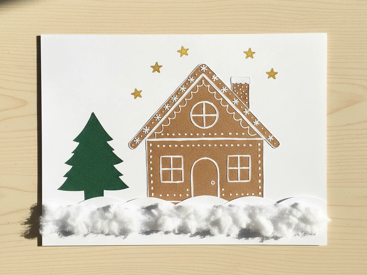 The finished paper gingerbread house mounted on a white cardstock background with a soft white snowy ground line under the house, a few small marker stars in the sky, tiny snowflakes around the roof, and a small pine tree silhouette beside the house, displayed on a craft table
