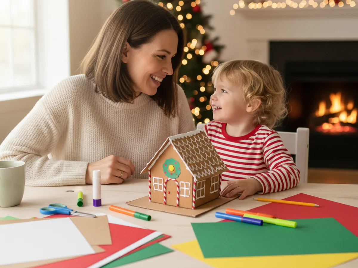 A mom and her young child sitting together at a craft table with sheets of brown, white, red, and green construction paper, kid scissors, a glue stick, and markers, smiling and getting ready to start a gingerbread house paper craft