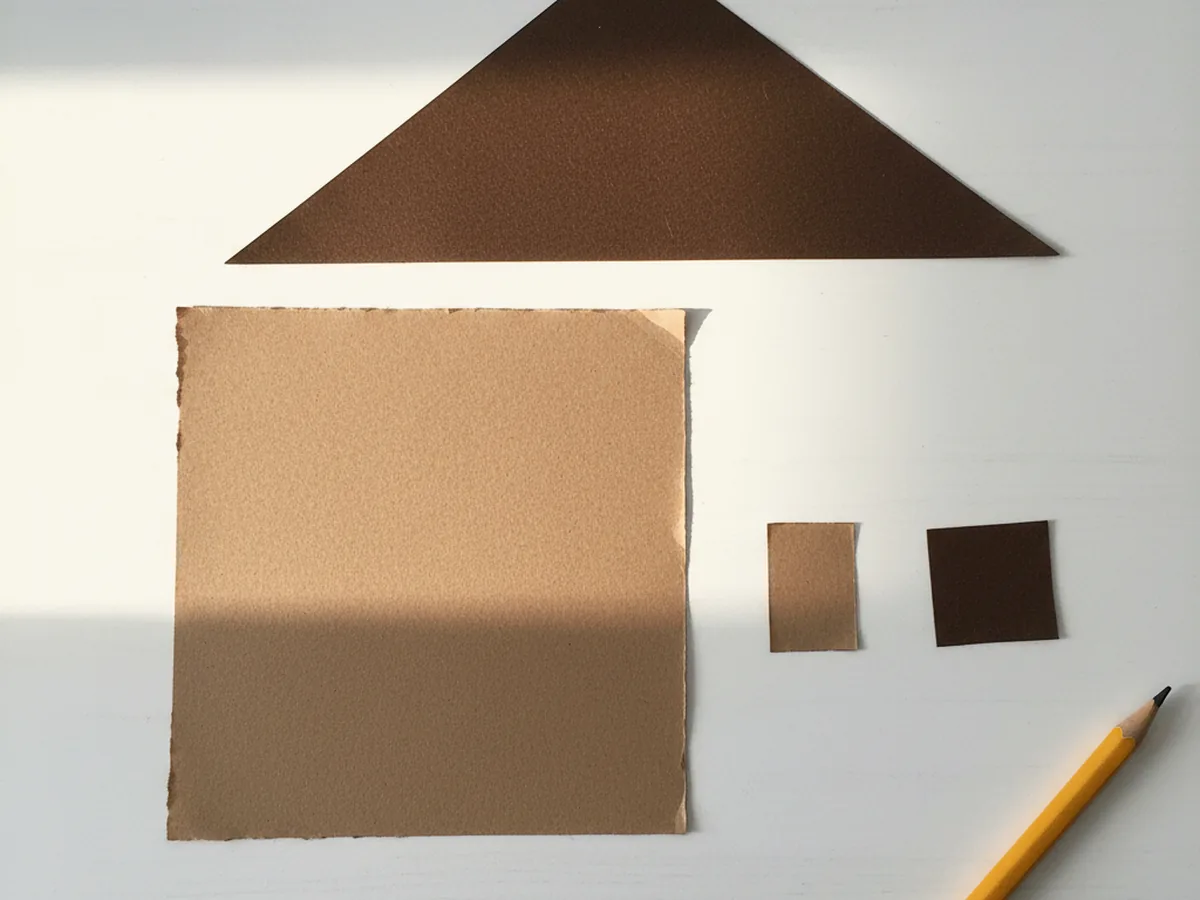 A brown triangular paper roof, a small brown rectangular paper door, and two tiny brown paper window squares neatly arranged on a white craft table next to the larger brown gingerbread house base shape, ready to be assembled