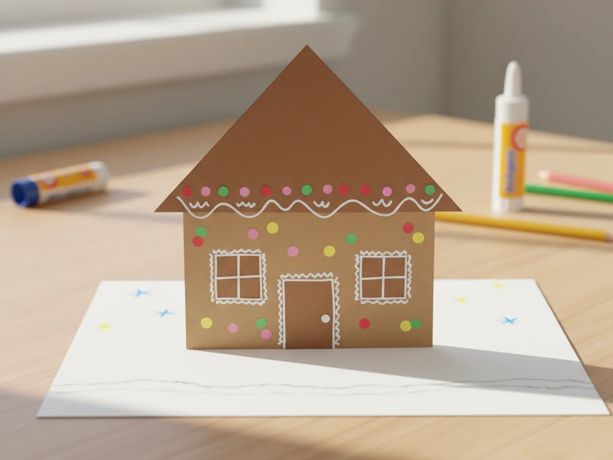 Finished gingerbread house paper craft made from brown construction paper with a triangle roof, a small door, two square windows, white gel pen icing trim along the edges, and small colored paper candy circles glued on, displayed on a white craft table