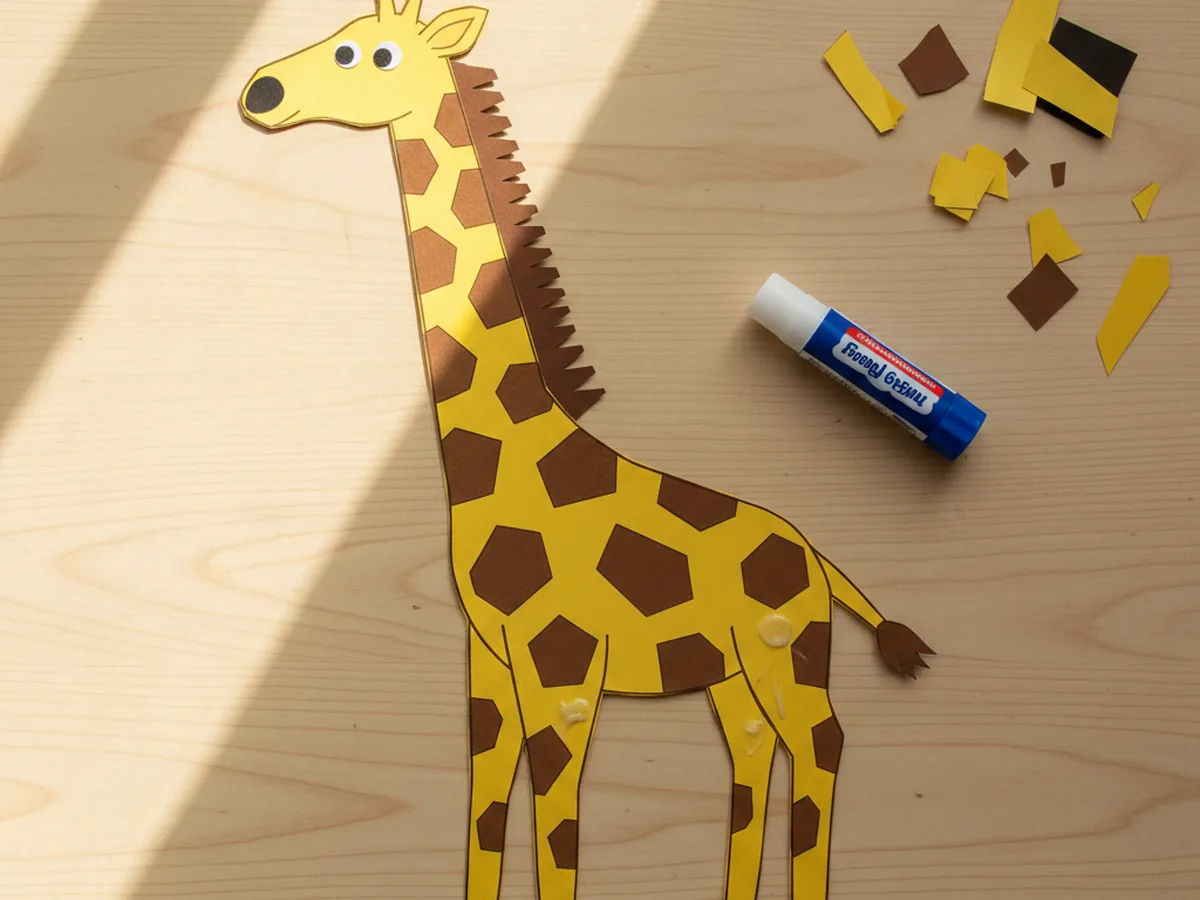 Two small black paper eyes, a tiny black nose, and a fringed brown paper mane glued along the back of the neck of a giraffe paper craft on a craft table