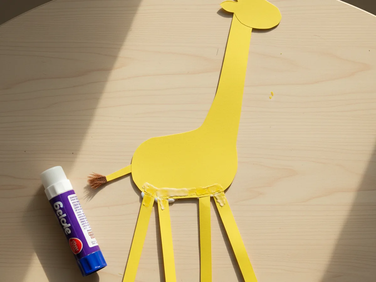 Four long thin yellow paper legs and a short tail with a brown tuft glued onto the bottom and back of a giraffe paper craft body with the head and neck already attached