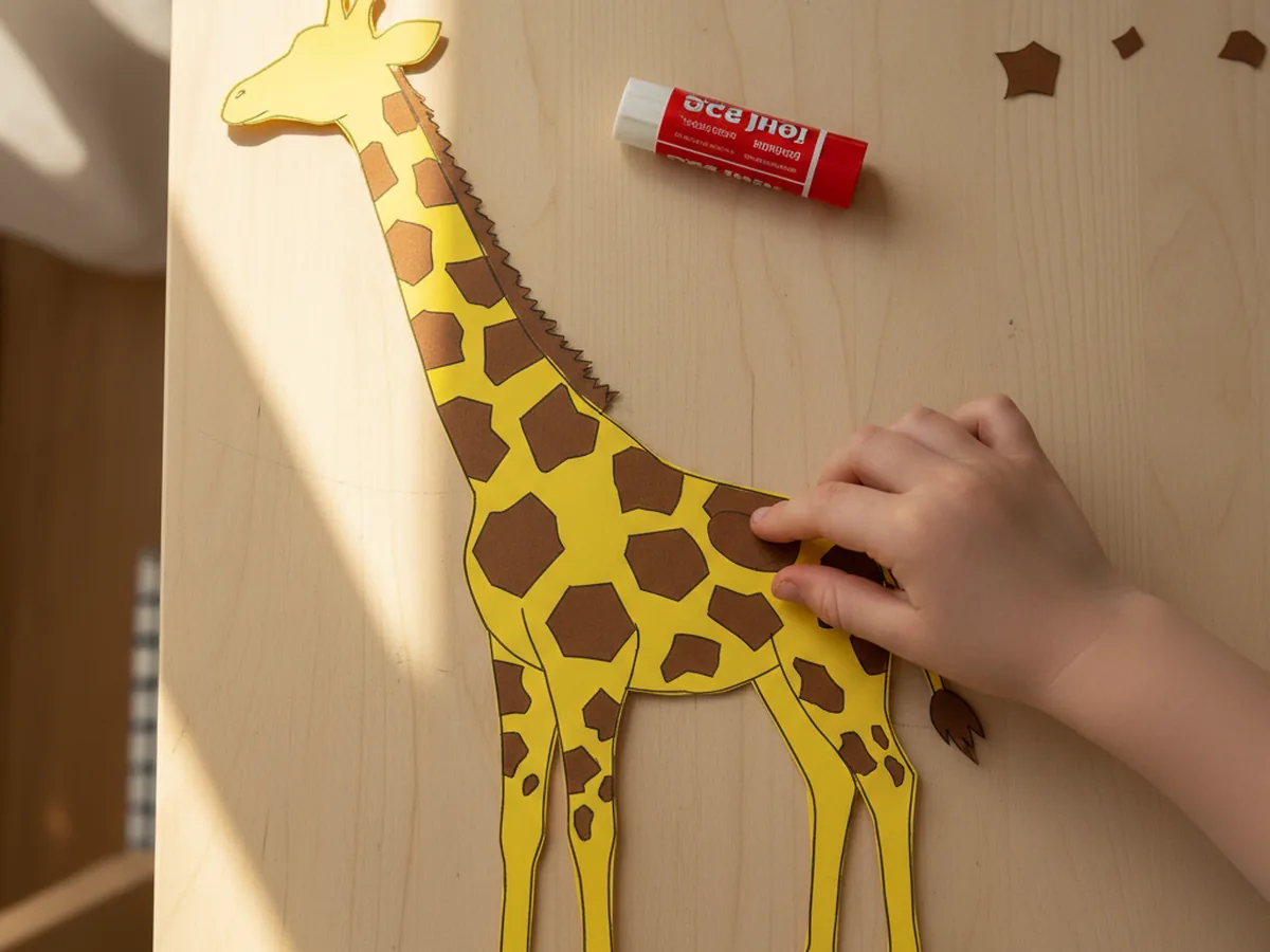 A child gluing small irregular brown paper spots all over the yellow body and long neck of a giraffe craft paper project on a craft table