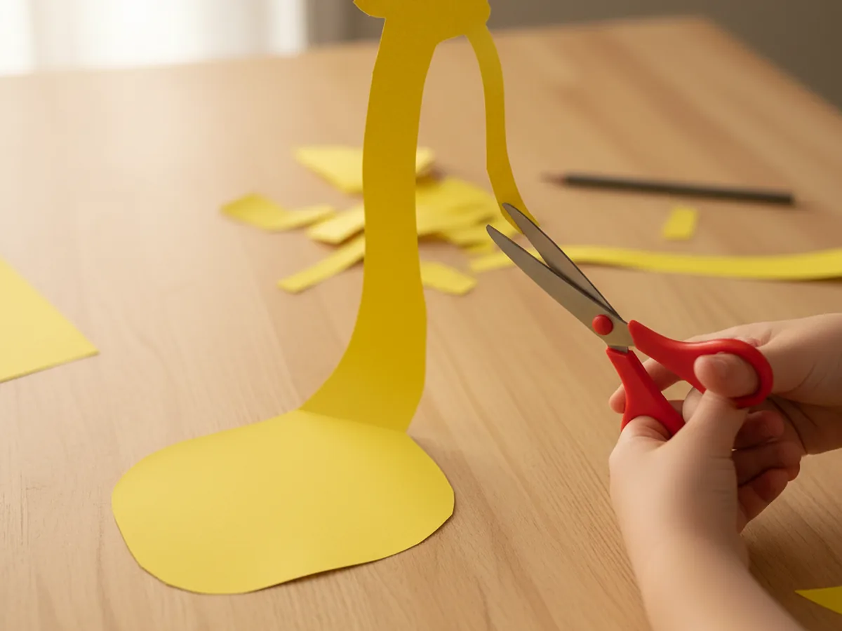 A child's hand using scissors to cut a long curved yellow paper neck strip and a rounded body shape for a giraffe craft paper project on a wood craft table