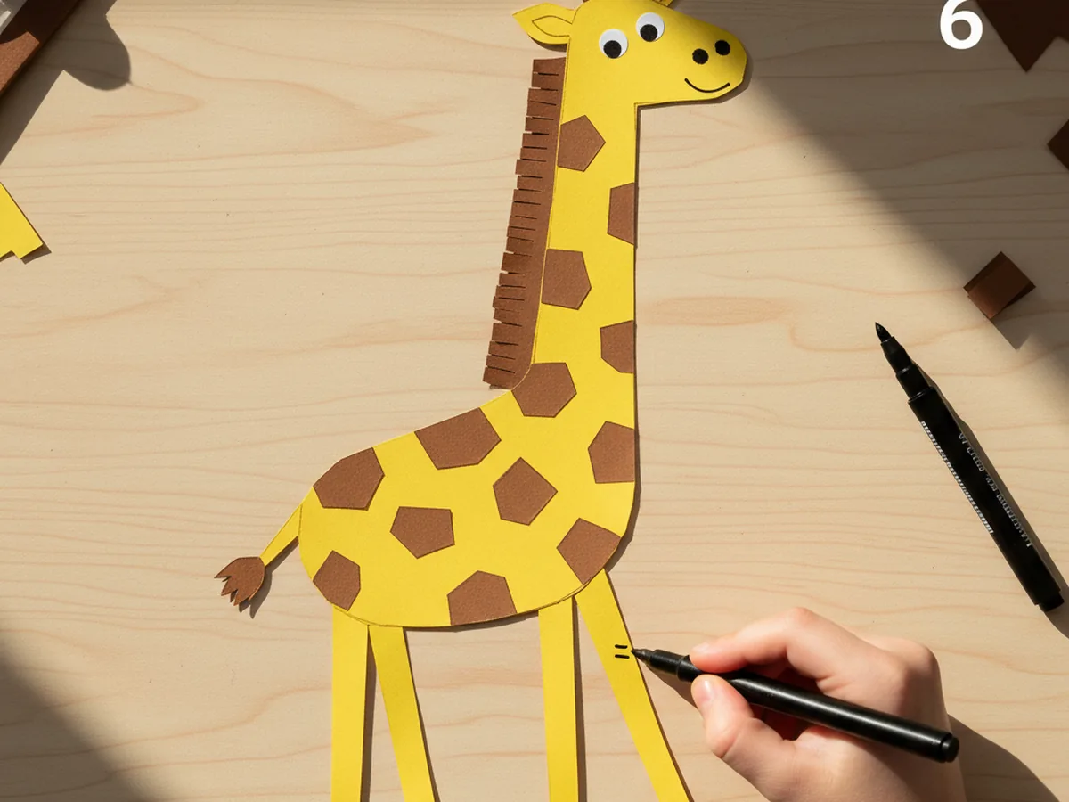 A child's hand using a black marker to draw a soft smile, tiny nostrils, and small hoof marks onto a finished paper giraffe craft with brown spots and a fringed mane