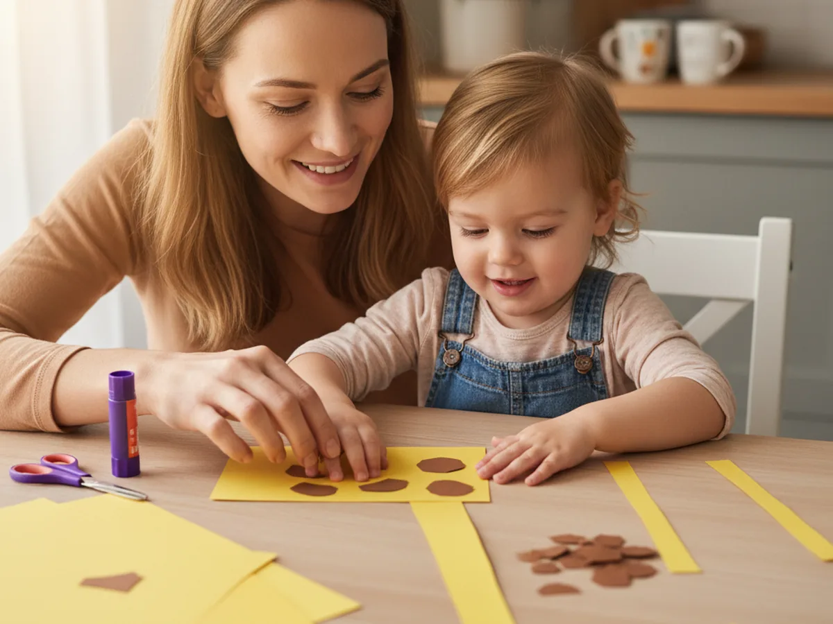 A mom and a young child sitting together at a craft table, smiling and starting a giraffe craft paper project with yellow and brown construction paper, scissors, and a glue stick