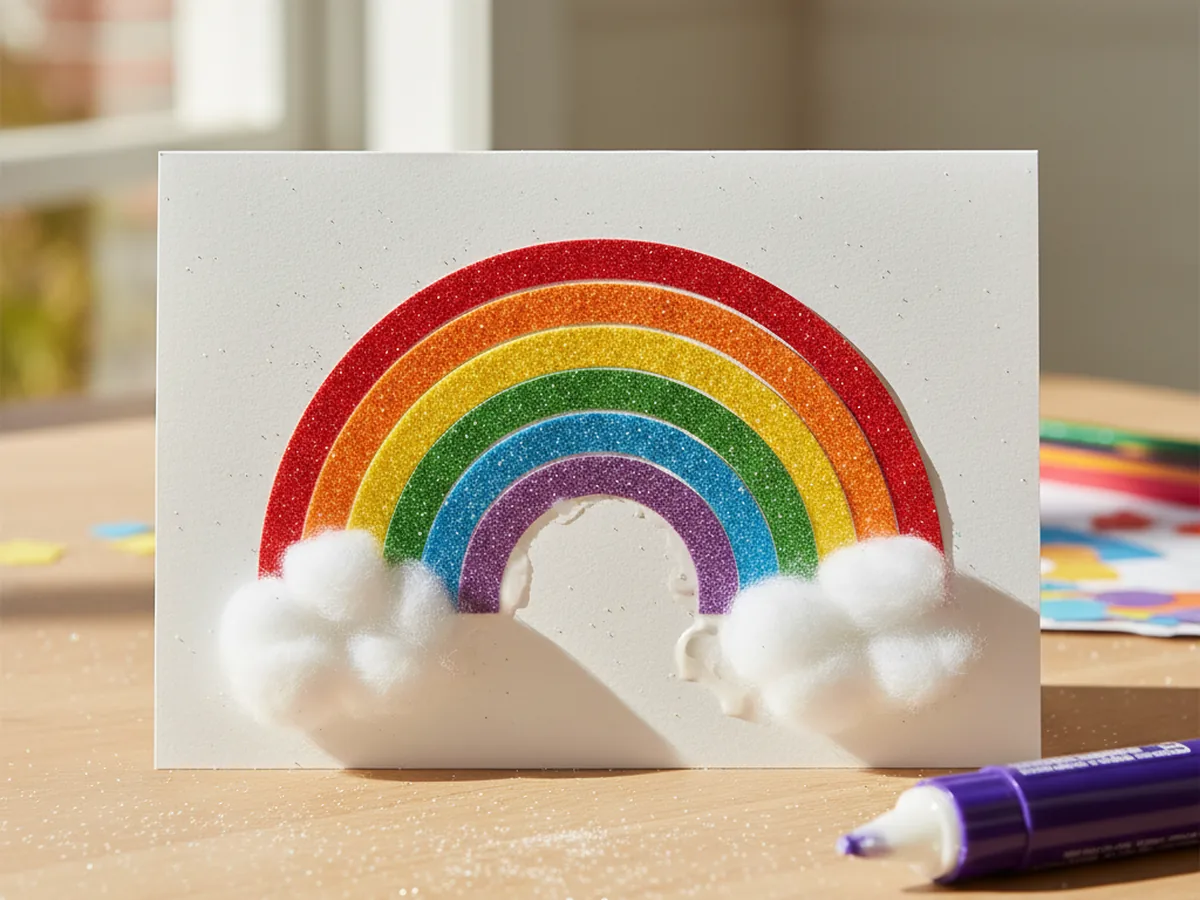The front of a white folded cardstock greeting card on a white craft table showing a complete six color glitter paper rainbow with two fluffy white cotton ball clouds glued at the bottom left and bottom right ends of the rainbow