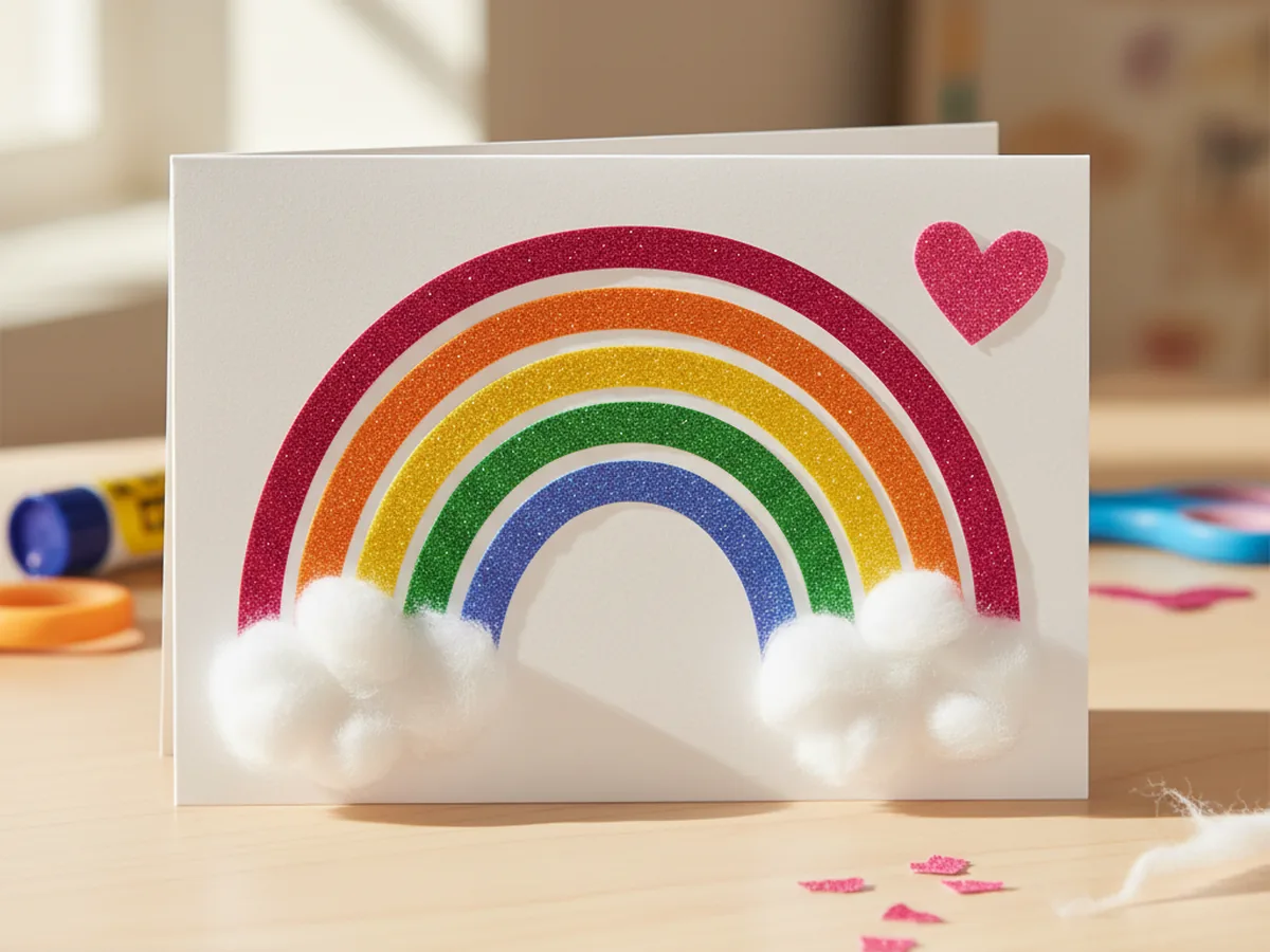The front of a white folded cardstock greeting card showing a complete glittery rainbow and two cotton ball clouds, with a small bright pink glitter paper heart glued in the upper right area of the card next to the top of the rainbow