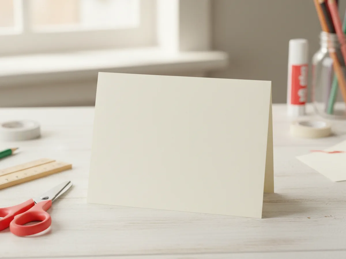 A single sheet of plain white heavy cardstock folded neatly in half on a white craft table, ready to become the greeting card base for a glitter paper craft, with kid scissors and a small ruler beside it