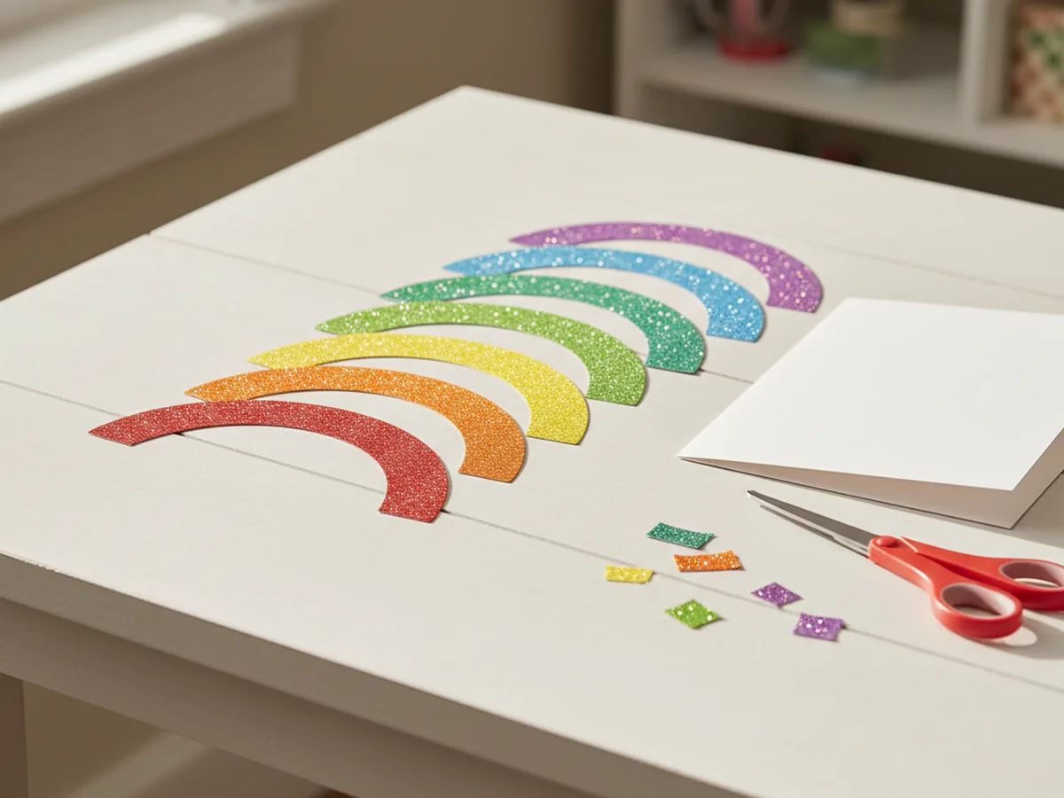Six curved rainbow arch strips cut from sparkly glitter cardstock paper in red, orange, yellow, green, blue, and purple, arranged in a stair stepped row on a white craft table from largest to smallest, ready to be glued for a glitter paper craft
