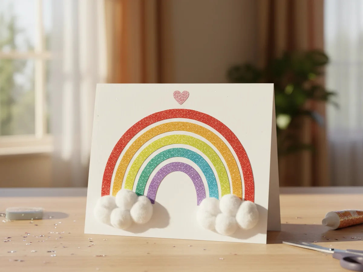 The finished handmade glitter paper craft rainbow greeting card standing up on a white craft table, showing the full sparkly six color rainbow of glittered arches with two cotton ball clouds and a small pink glitter heart, sparkling in warm window light