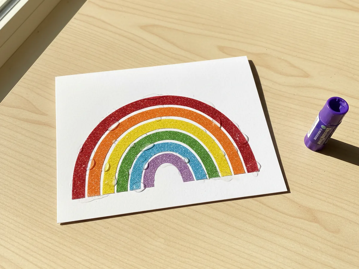 A folded white cardstock greeting card on a white craft table with the rainbow arches now glued onto the front of the card, the largest red glitter arch at the bottom and orange, yellow, green, blue, and purple glitter arches stacked above it