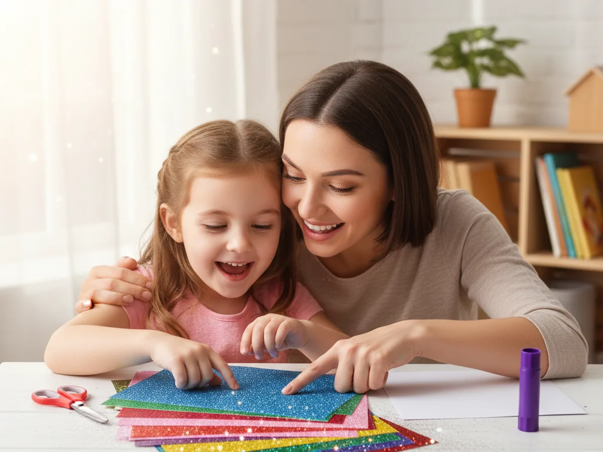 A mom and her young preschool aged daughter sitting close together at a white craft table, smiling and getting ready to start a glitter paper craft with sheets of sparkly red, pink, gold, blue, green, and purple glitter paper, kid scissors, and a glue stick