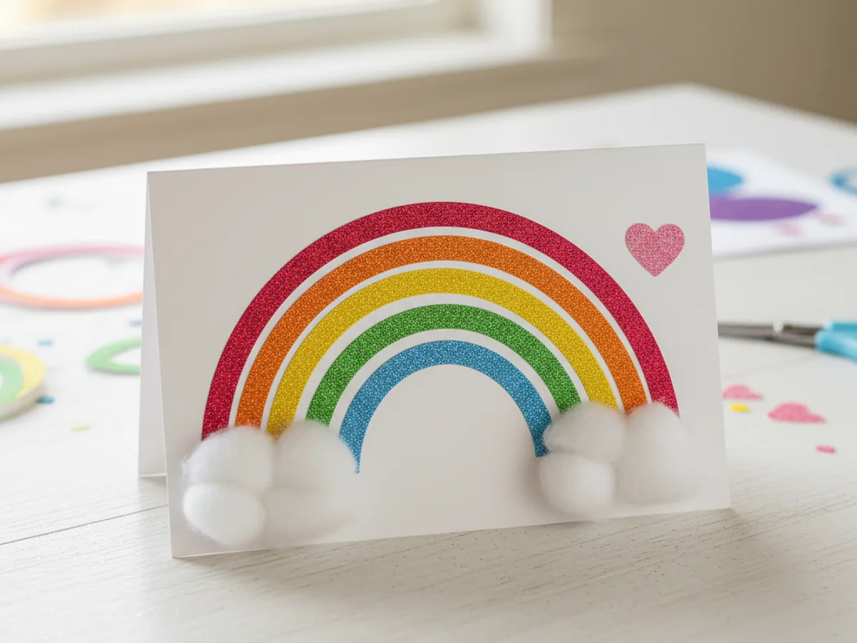 Finished glitter paper craft rainbow card on a white craft table, with six layered glittery red, orange, yellow, green, blue, and purple sparkly arches, two fluffy white cotton ball clouds at the bottom, and a small pink glitter heart in the sky