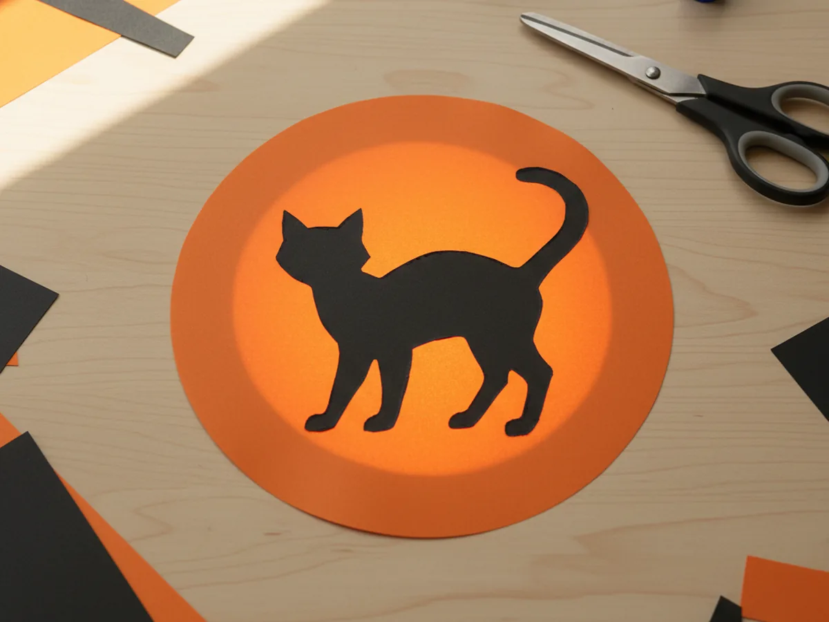 A handmade black cat construction paper silhouette with pointed ears and a curled tail glued onto a large orange paper moon