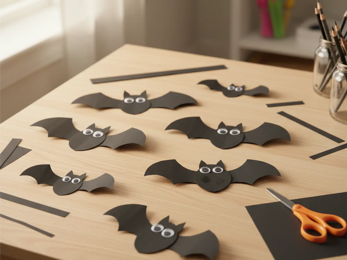 Several handmade black construction paper bats with googly eyes arranged on a light wood craft table