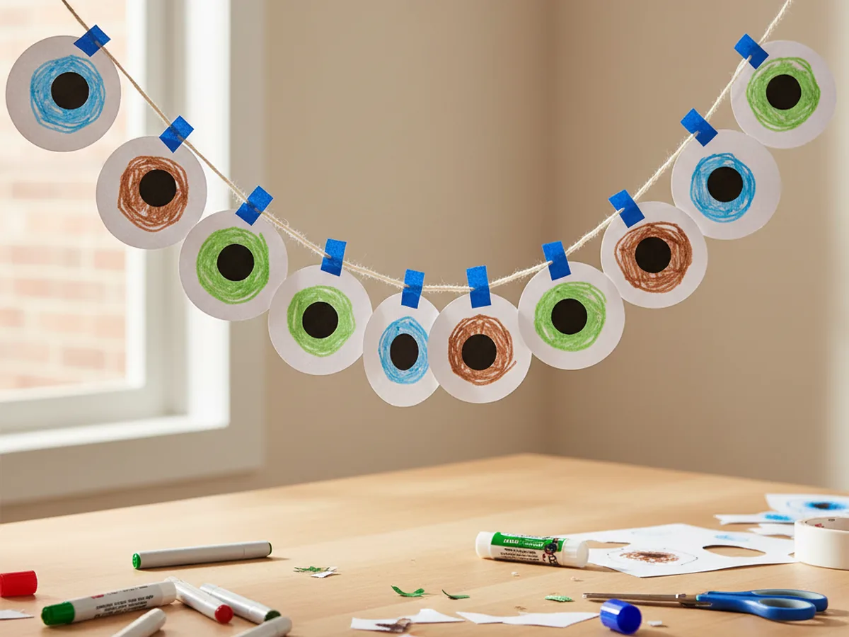 A handmade paper eyeball garland with white paper circles decorated with colored irises and black pupils threaded onto string