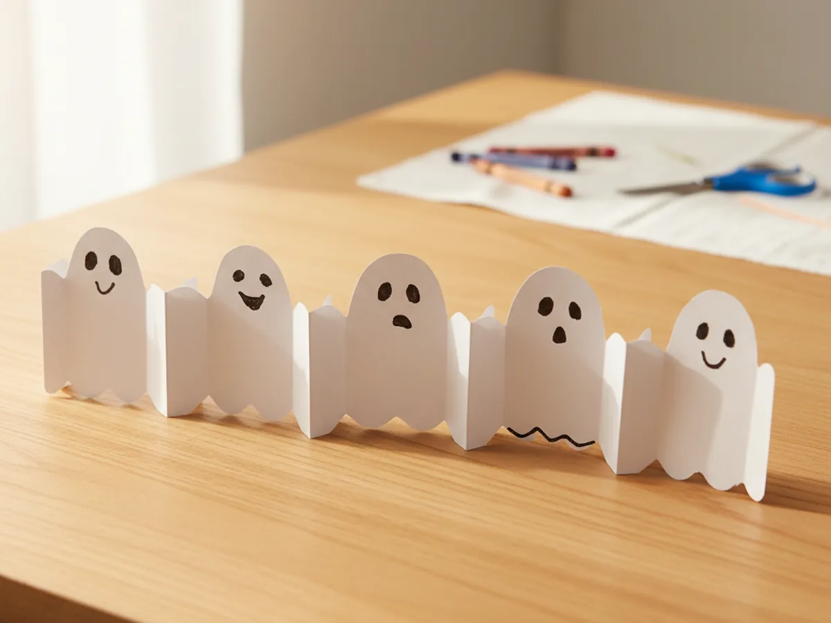 A handmade paper ghost garland made from accordion-folded white paper with connected ghost shapes and dot eyes on a craft table
