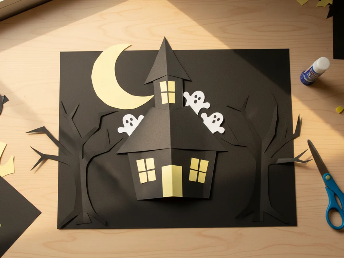 A handmade paper haunted house scene with a dark grey house silhouette, yellow paper windows, a paper moon, and ghost shapes on a black background