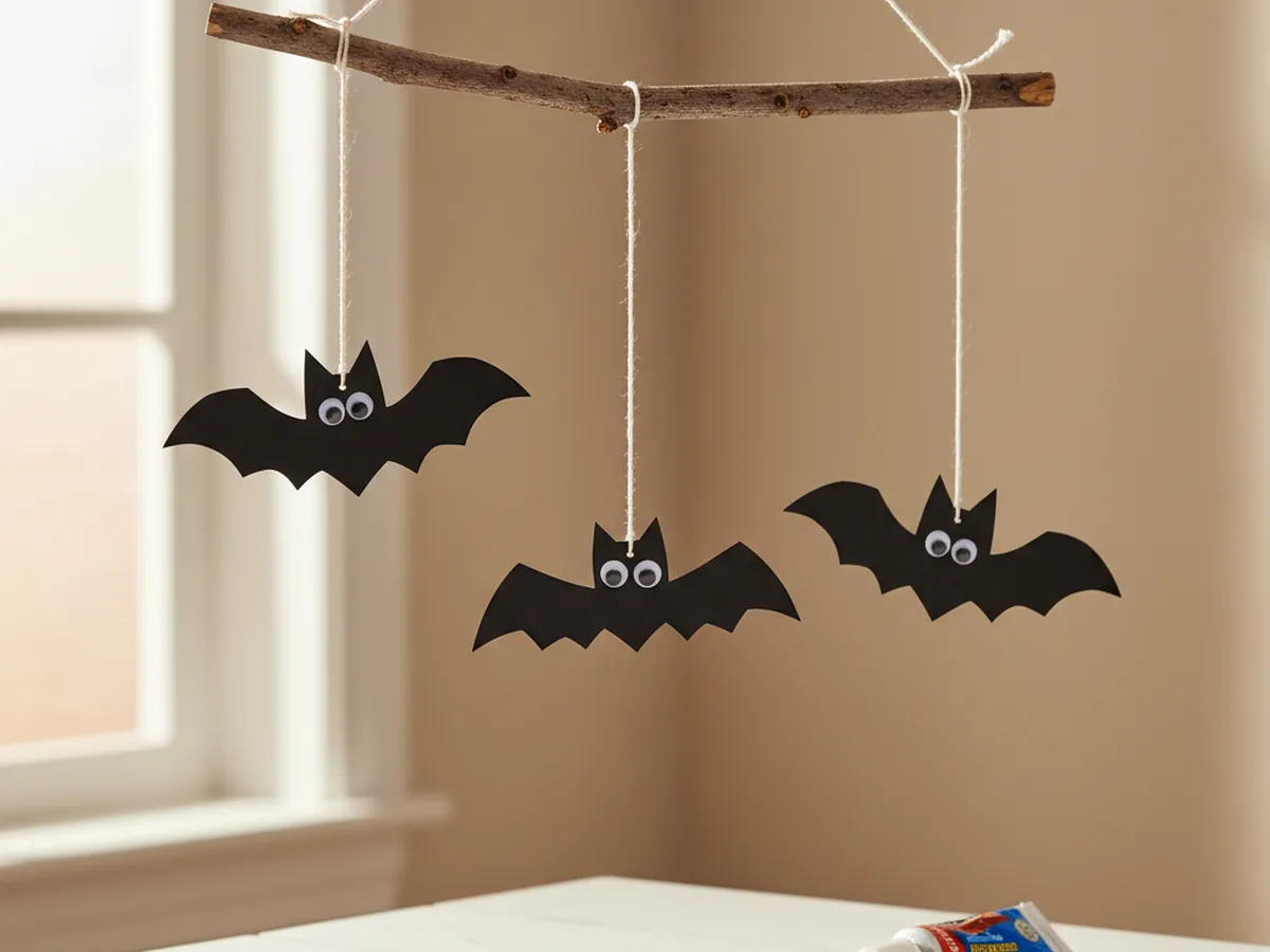 A handmade paper bat mobile with three black construction paper bats hanging at different heights from a small wooden twig