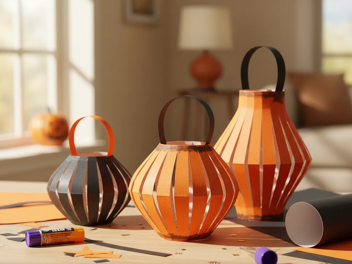 A handmade halloween paper lantern made from orange construction paper with parallel cuts forming a rounded barrel shape and a paper handle