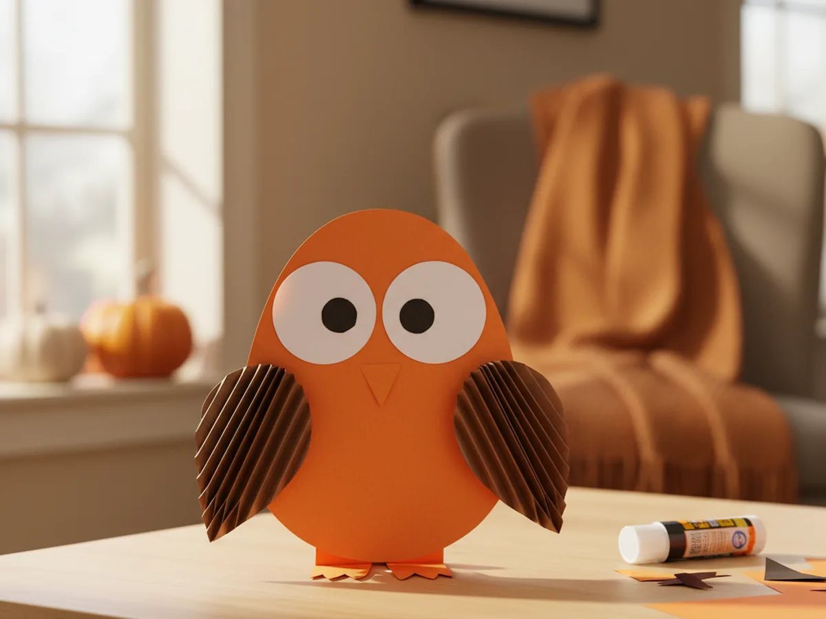 A handmade halloween paper owl with an orange teardrop body, large white circle eyes, and accordion-folded brown wings on a craft table