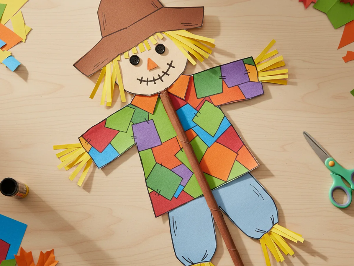 A handmade paper scarecrow craft with a brown straw hat, yellow paper fringe, and a colorful patchwork shirt on a craft table
