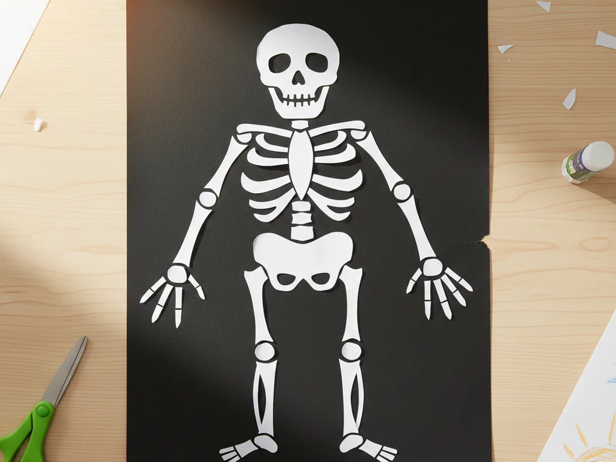 A handmade paper skeleton collage with white oval and rectangle shapes arranged on a black construction paper background
