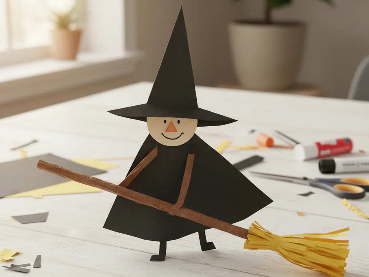 A handmade paper witch craft with a black pointed hat, triangular cape, and a broomstick made from brown paper with yellow fringe bristles