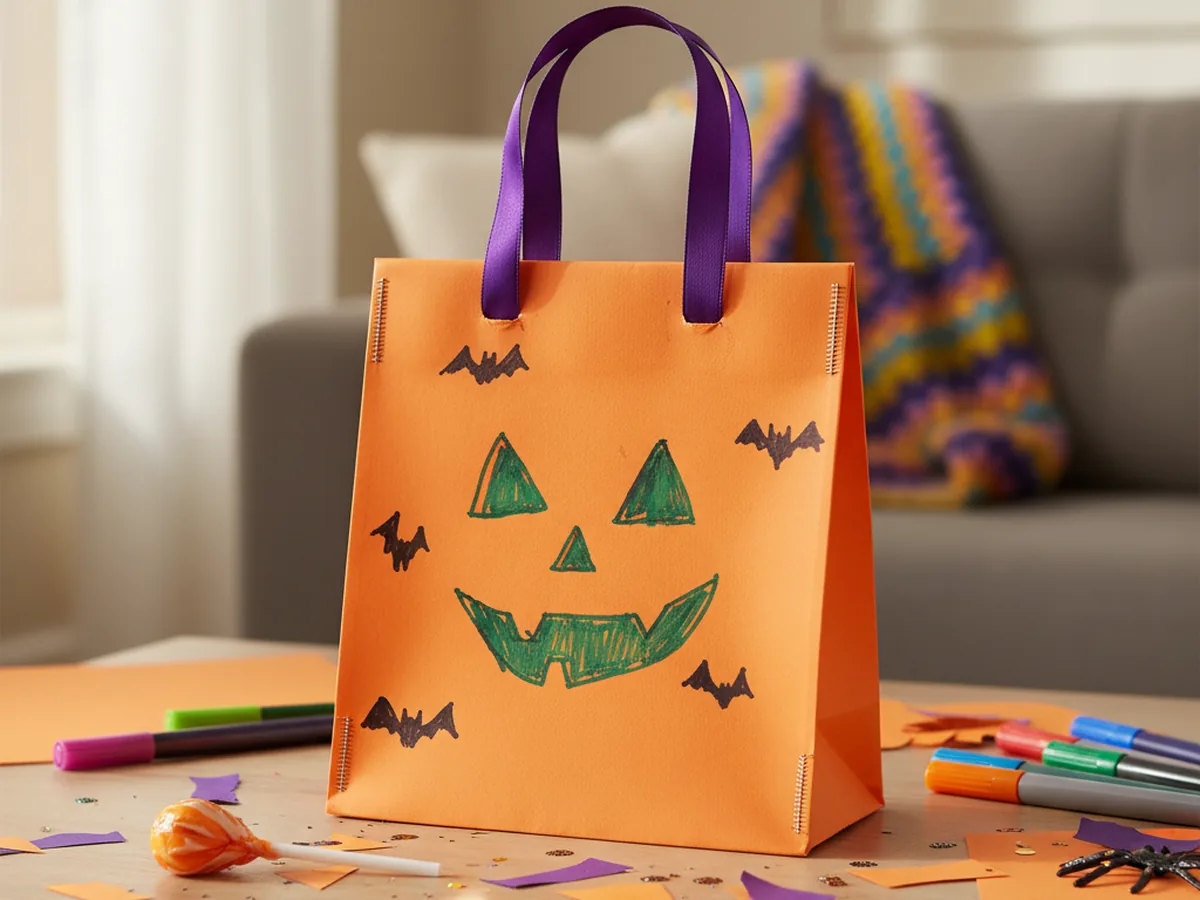 A handmade halloween trick-or-treat bag made from orange construction paper with a purple ribbon handle and a marker-drawn jack-o-lantern face
