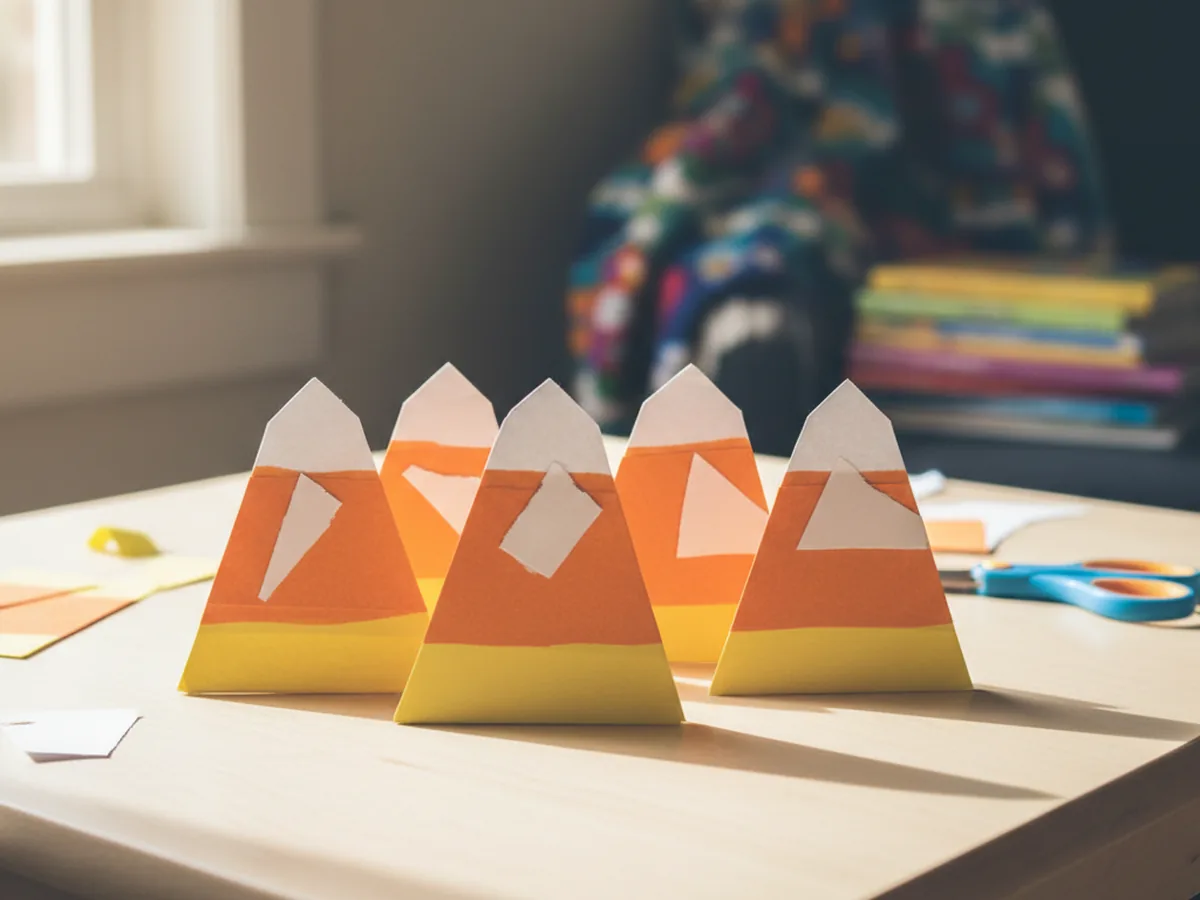 Several handmade paper candy corn pieces made from layered white, orange, and yellow construction paper triangles on a white craft table
