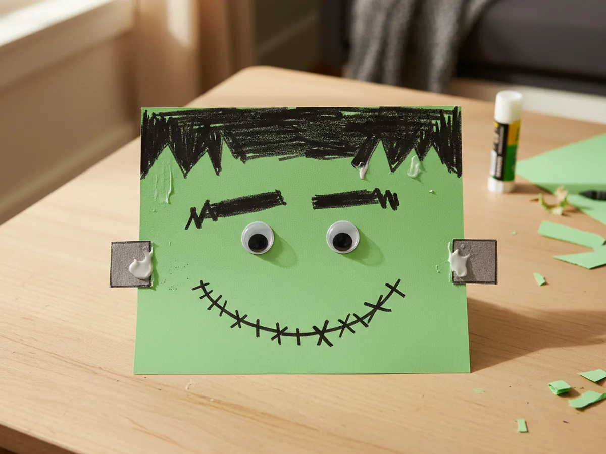 A handmade paper Frankenstein craft with a green rectangle head, black paper hair, grey neck bolts, and googly eyes on a craft table