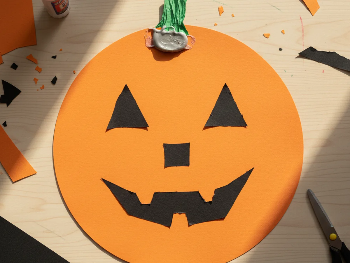 A handmade paper jack-o-lantern with an orange construction paper circle, black triangle eyes, and a jagged smiling mouth on a craft table