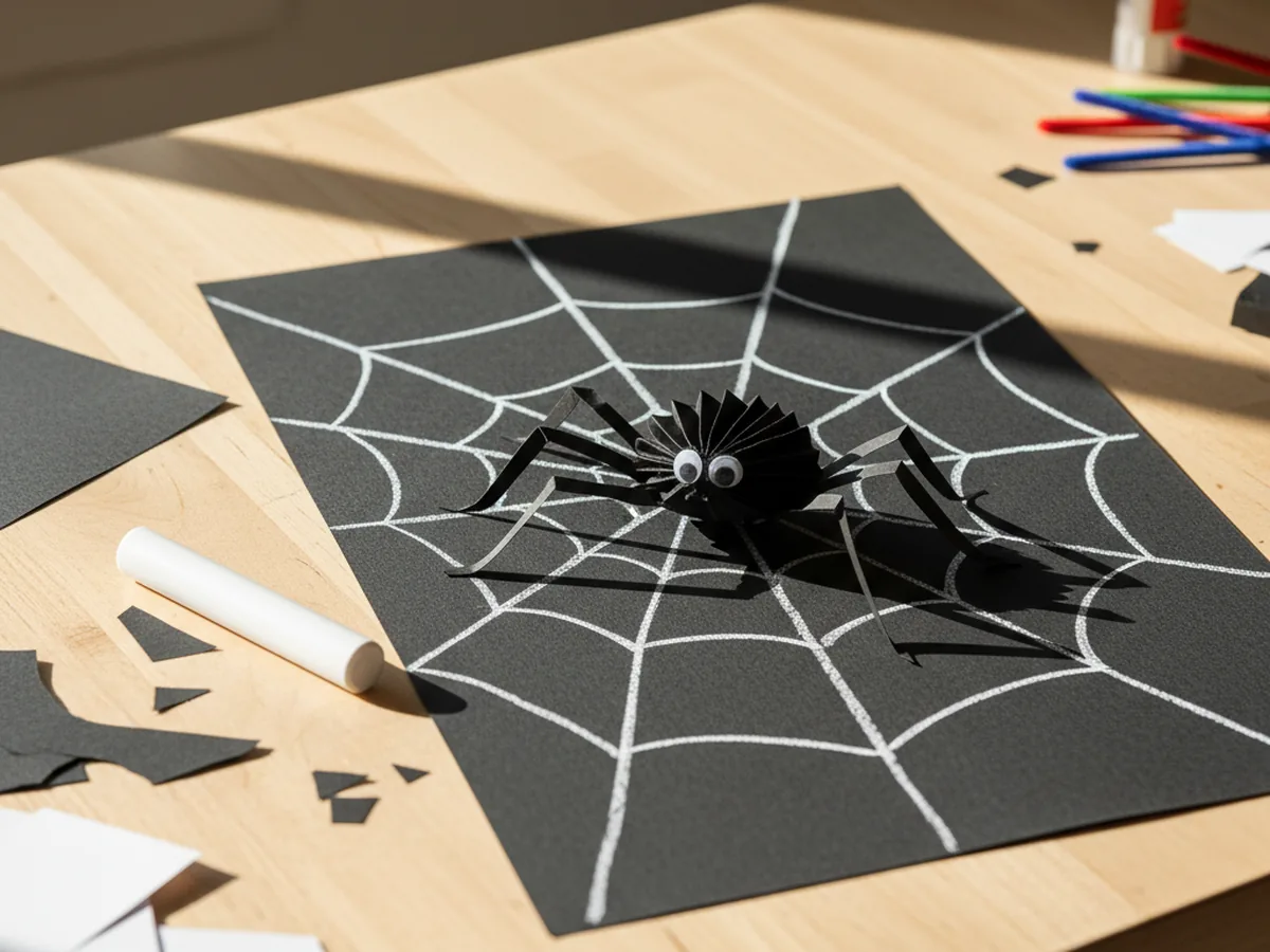 A handmade paper spider sitting on a white chalk-drawn web on black construction paper, with a round black body and googly eyes